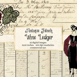 French Wine Ledger Digital Paper - antieke digitale efemere maat 8x10 afdrukbare texturen