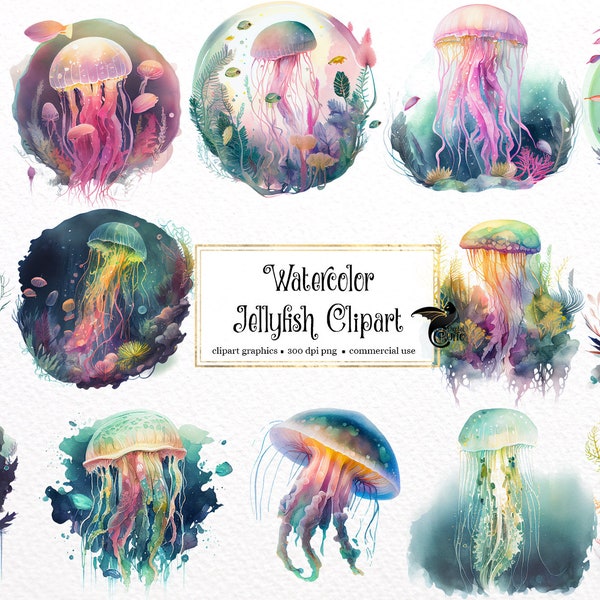 Watercolor Jellyfish Clipart, cute nautical ocean animals PNG clip art graphics instant download for commercial use