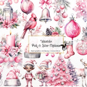 Aquarel roze en zilveren kerst clipart-wintervakantie illustraties in PNG-formaat direct downloaden voor commercieel gebruik