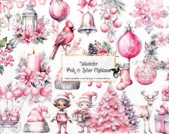 Watercolor Pink and Silver Christmas Clipart - winter holiday clip art in PNG format instant download for commercial use