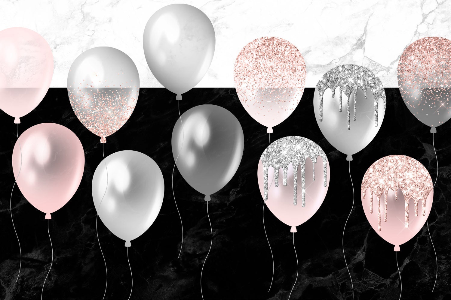 Blush and Silver Balloons Clipart, Pink Glitter Confetti (PNG, Digital ...
