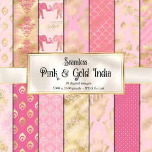 May include: A set of 18 digital seamless patterns in pink and gold featuring Indian motifs. The patterns include elephants, paisley, hands, and geometric designs. The patterns are 3600 x 3600 pixels and are in JPEG format.