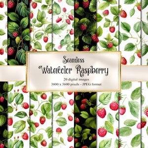 Puede incluir: Un conjunto de 20 patrones de papel digital sin costuras con ilustraciones de acuarela de frambuesas y hojas. Los patrones están disponibles en fondos blanco y negro. Los patrones son de 3600 x 3600 píxeles y están en formato JPEG.