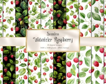 Watercolor Raspberry Digital Paper, Seamless Fruit Textures (Digital Download)