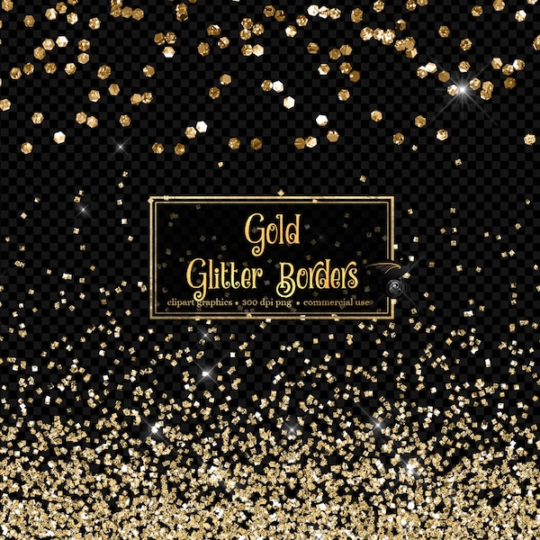 Gold Glitter Borders Clipart, superpositions de png de paillettes d'argent et d'or, clip art confettis de paillettes d'or téléchargement instantané haute résolution