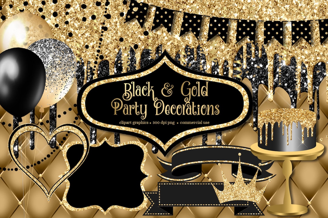 Black and Gold Party Decorations Clip Art With Frames and Banners for