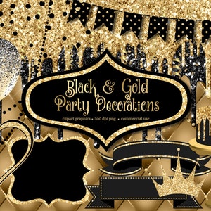 Black and Gold Party Decorations Clip Art with frames and banners for birthdays graduation or new years instant download commercial use