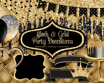 Black and Gold Party Decorations Clip Art with frames and banners for birthdays graduation or new years instant download commercial use