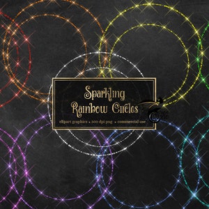 May include: A set of sparkling rainbow circles, each with a different color, on a black background. The text "Sparkling Rainbow Circles" is in the center of the image.