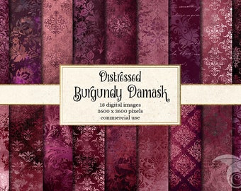 Burgundy Damask Digital Paper, Vintage Textures (Instant Download)