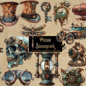 Patina Steampunk Clip Art – Vintage viktorianska PNG-bilder (digital nedladdning)