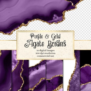Bordures d'agate violette et dorée, superpositions de géode aquarelle numérique PNG avec des paillettes d'or pour un usage commercial dans l'invitation de mariage, conception de sites Web