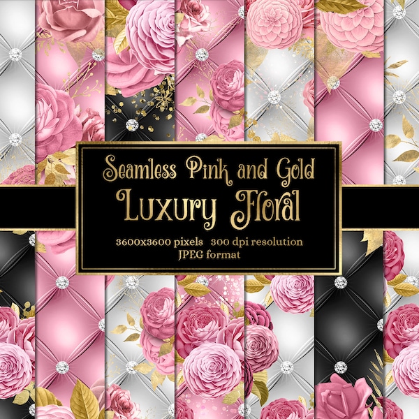 Pink and Gold Luxury Floral Digital Paper - seamless tufted diamond backgrounds instant download for commercial use