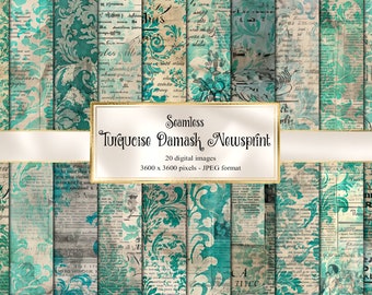 Cyfrowy papier w kolorze turkusowym i odcieniach niebieskiego, tekstury papieru gazetowego (pobranie cyfrowe)