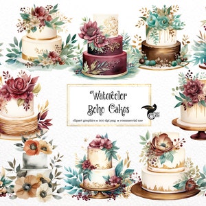 Può includere: Un set di dieci illustrazioni ad acquerello di torte nuziali bohémien decorate con fiori e dettagli dorati. Le torte sono di vari colori, tra cui bianco, bordeaux e verde acqua.