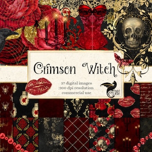 Crimson Witch Digital Scrapbooking Kit, Halloween Gothic fantasy clipart gothic digital paper and fall grunge textures for commercial use