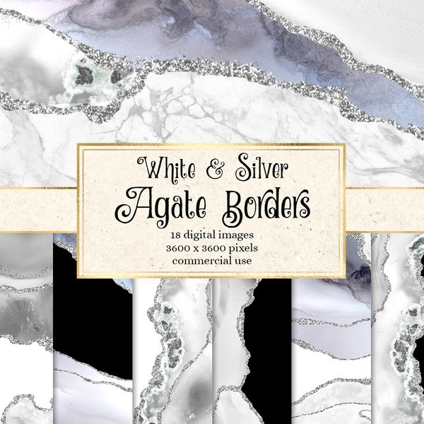 White and Silver Agate Borders, digital watercolor geode PNG overlays with glitter for commercial use in wedding invitation or web design