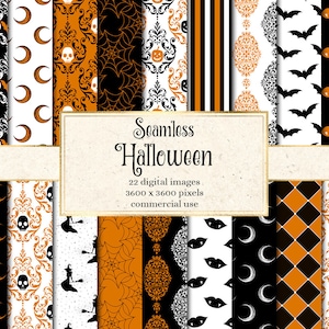 Könnte beinhalten: Ein Set mit 22 digitalen nahtlosen Halloween-Mustern in Schwarz, Weiß, Orange und Gold. Die Muster umfassen Fledermäuse, Monde, Schädel, Kürbisse und Damastmuster.