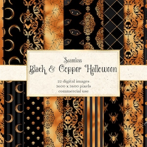 Black and Copper Halloween Digital Paper, seamless witch and skull Gothic patterns printable scrapbook paper commercial use