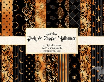Papel digital de Halloween negro y cobre, patrones góticos de brujas y calaveras sin costura para uso comercial de papel de álbum de recortes imprimible