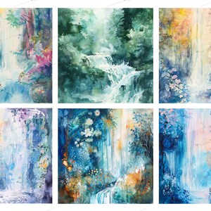Watercolor Forest Waterfall Backgrounds, Floral Landscape (digital ...