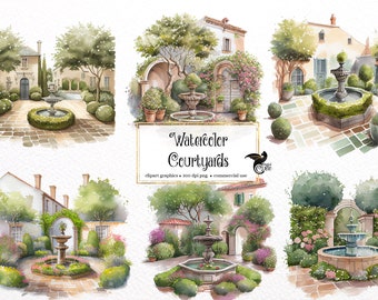 Könnte beinhalten: Fünf Aquarell-Illustrationen von Innenhöfen mit Springbrunnen, Grünflächen und Steinwegen. Die Illustrationen sind Teil eines Sets namens "Watercolor Courtyards" und sind für kommerzielle Zwecke bestimmt.