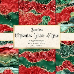May include: Seamless Christmas Glitter Agate digital paper pack. Six digital images in JPEG format, each 3600 x 3600 pixels. The images feature a red and green agate pattern with gold glitter accents.