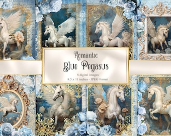 Può includere: Otto immagini digitali di cavalli alati bianchi con accenti blu e dorati. Le immagini sono su uno sfondo blu e dorato con rose e farfalle. Il testo "Romantic Blue Pegasus" è visualizzato al centro dell'immagine.