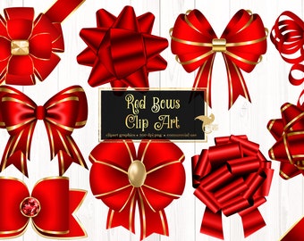 Red Bows Clipart – Shimmery Ribbon Graphics (PNG, Digital Download)