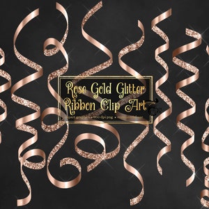 May include: Rose gold glitter ribbon clip art on a black background. The image features several swirling ribbons, some with glitter accents. Text in a gold frame reads "Rose Gold Glitter Ribbon Clip Art".