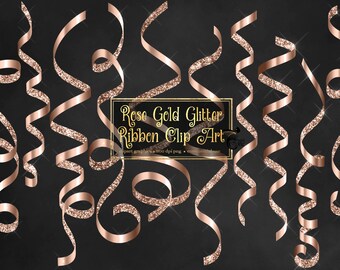 May include: Rose gold glitter ribbon clip art on a black background. The image features several swirling ribbons, some with glitter accents. Text in a gold frame reads "Rose Gold Glitter Ribbon Clip Art".