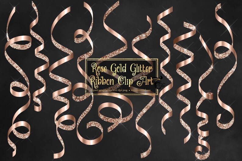 May include: Rose gold glitter ribbon clip art on a black background. The image features several swirling ribbons, some with glitter accents. Text in a gold frame reads "Rose Gold Glitter Ribbon Clip Art".