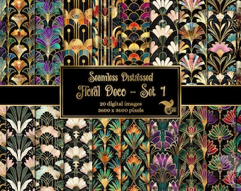 Distressed Floral Deco Digital Paper - Set 1 - seamless printable digital backgrounds for commercial use