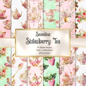 Strawberry Tea Digital Paper - download istantaneo di carta scrapbook stampabile acquerello tea party senza soluzione di continuità per uso commerciale