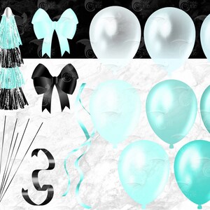 Puede incluir: Un conjunto de decoraciones de fiesta en negro, blanco y azul turquesa. El conjunto incluye globos, lazos, borlas y serpentinas.