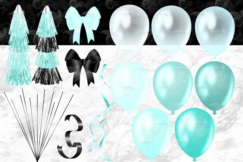 Puede incluir: Un conjunto de decoraciones de fiesta en negro, blanco y azul turquesa. El conjunto incluye globos, lazos, borlas y serpentinas.