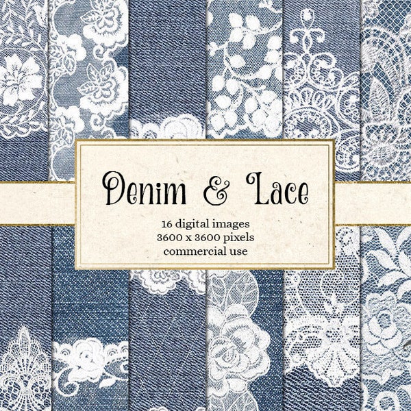 Denim and Lace Digital Paper, white lace backgrounds, shabby rustic wedding, country digital paper, denim textures, lace backgrounds