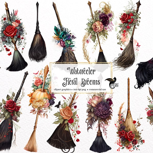 Watercolor Floral Brooms Clipart - Halloween cottagecore witch brooms in PNG format instant download for commercial use