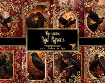Red Ravens Rococo Digital Paper, Fantasy Printable Journal Pages (8.5x11) (Instant Download)