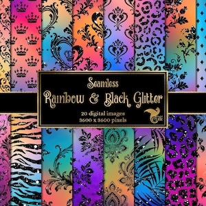 May include: A set of 20 digital seamless patterns featuring rainbow gradients with black glitter and various black designs, including damask, crowns, animal print, and floral patterns.  The text "Seamless Rainbow & Black Glitter" is displayed on a black banner.