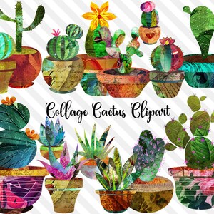 Peut inclure: Une collection de cliparts de cactus en collage color&eacute;s, de formes et tailles vari&eacute;es, chacun dans des pots d&eacute;coratifs. L'image pr&eacute;sente des cactus verts, roses et oranges avec le texte "Collage Cactus Clipart" en &eacute;criture cursive.