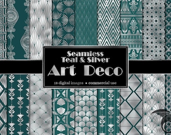 Türkis und Silber Art Deco Digital Papier, nahtlose Muster (digitaler Download)