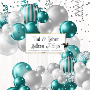 Blauer Ballon Bogen Clipart, blauer Ballon png digitale Überlagerungen mit Bändern und Konfetti sofortiger Download kommerzielle Nutzung