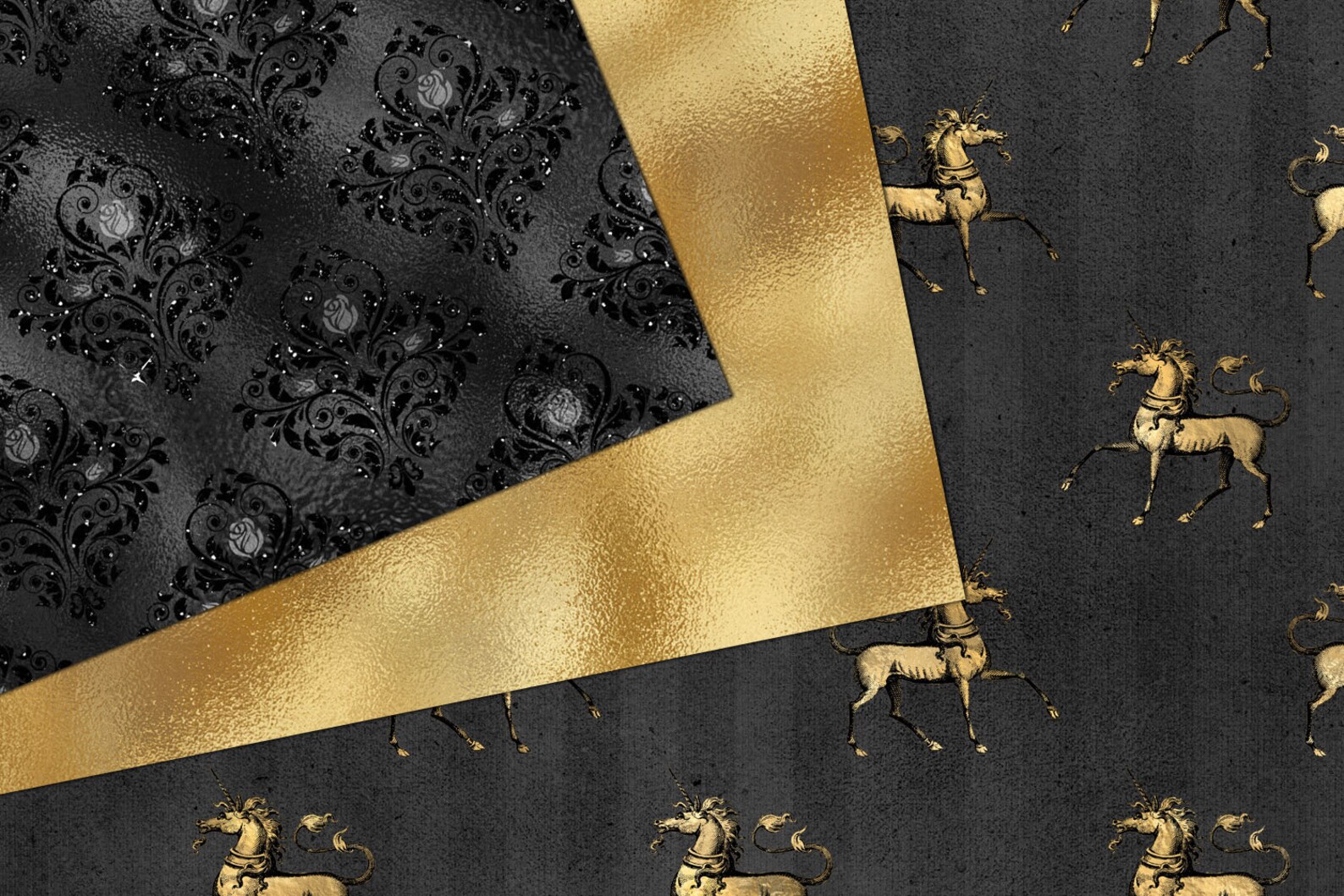 Black and Gold Unicorn Clipart, Digital Scrapbooking Kit (digital ...