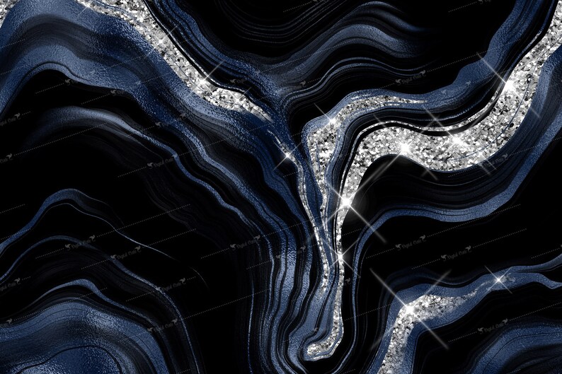 Navy Silver Glitter Agate Digital Paper, Seamless Foil Backgrounds ...