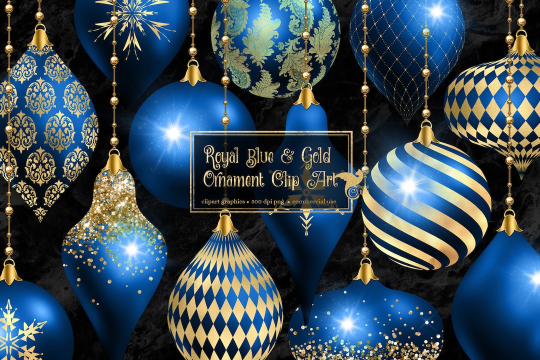 Royal Blue and Gold Christmas Ornaments Clipart, Digital Glitter