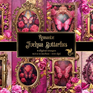 Romantische Fuchsia Schmetterlinge Journal Papier, Notizbuch digitales Papier Rokoko Junk Journal Seiten druckbare 8,5x11 inch A4 Papier