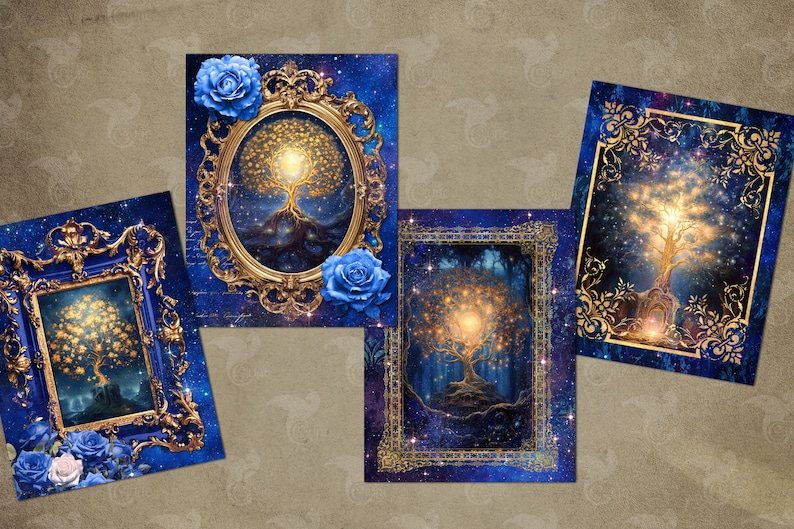 Peut inclure: Quatre impressions d'art imprimables repr&eacute;sentant un arbre dor&eacute; avec des lumi&egrave;res brillantes sur un fond bleu fonc&eacute; &eacute;toil&eacute;. Chaque impression a un cadre dor&eacute; orn&eacute; diff&eacute;rent avec des roses bleues.