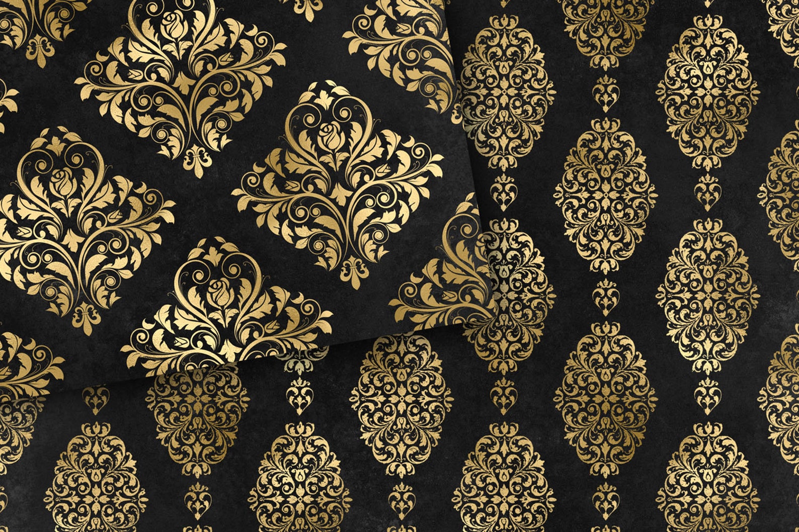 Black and Gold Damask Digital Paper Seamless Damask Patterns Etsy