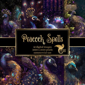 Peacock Spells Digital Paper -  dark galaxy magic floral grunge textures printable scrapbook paper backgrounds instant download